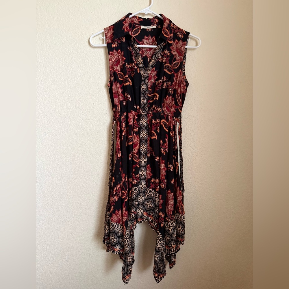 Angie (girls) Black High-Low Dress with Red & Tan Floral Print